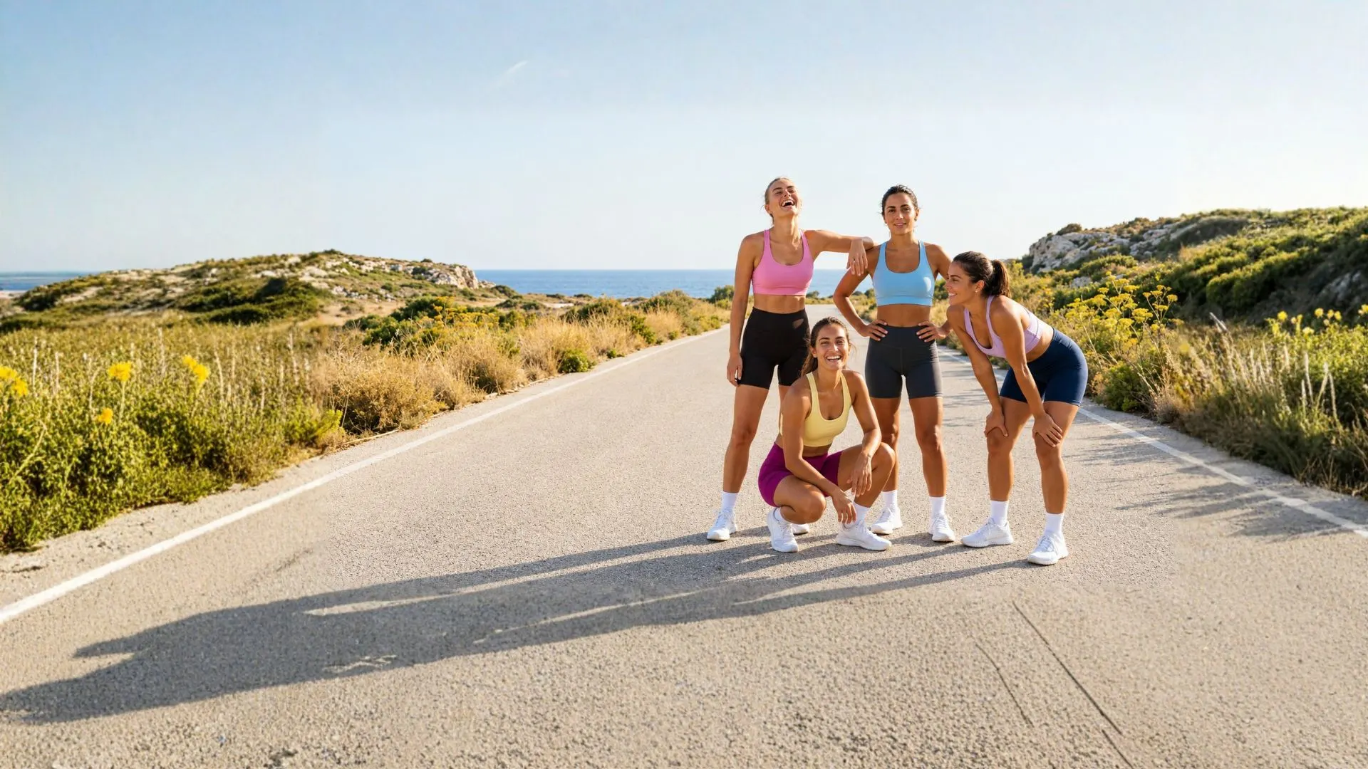 Cuatro mujeres con tops y shorts deportivos de TRECE riendo en una carretera costera tras salir a correr